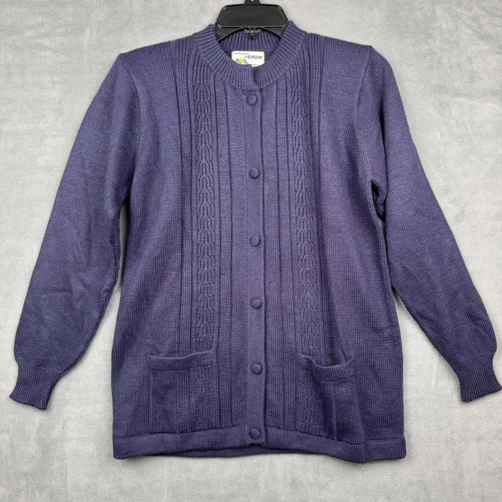 Artesania Alvazani Women's Knit Cardigan Purple‎ Cable Knit Pockets Button Front